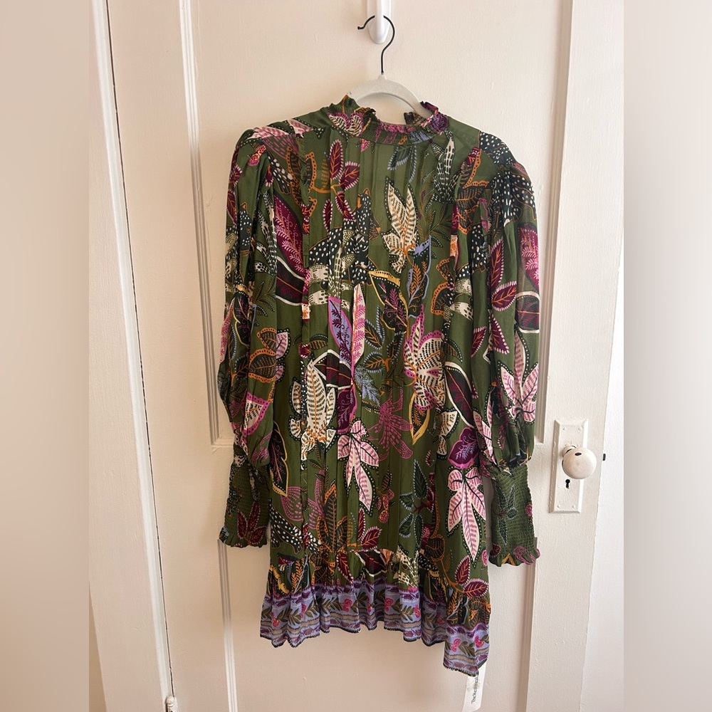 Farm Rio green floral long sleeve mini dress